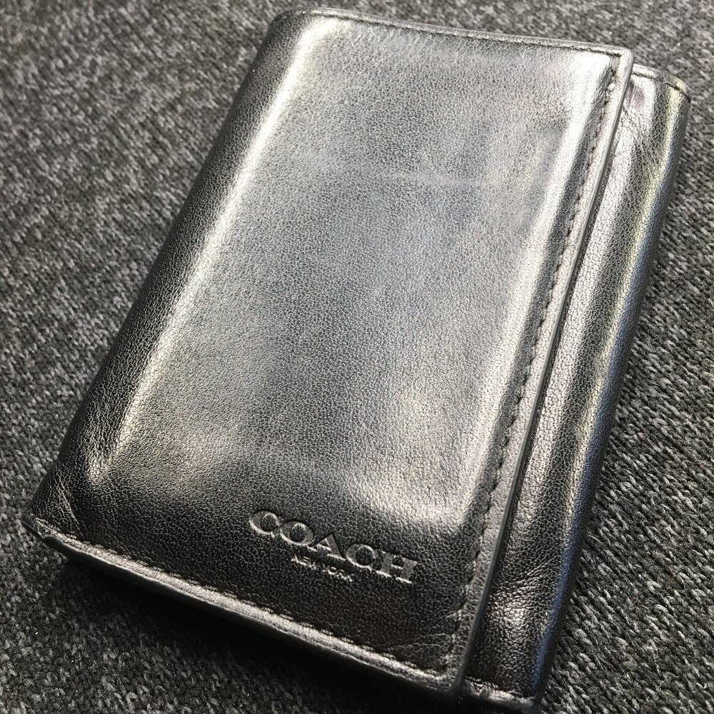 Coach Tri Fold Wallet - Black Leather